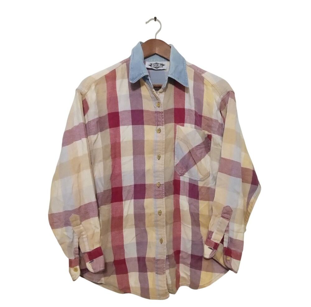VTG RIDE Womens Button Down Long Sleeve Multicolor Plaid Flannel Denim Collar S?